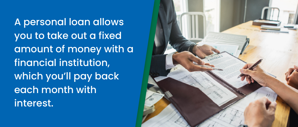 A personal loan allows you to take out a fixed amount of money with a financial institution, which you'll pay back each month with interest - Image of a person signing a contract from a lender